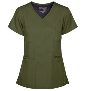 Grey's Anatomy Scrub Top Size M Olive Green Stretch 3-Pocket Mock Wrap